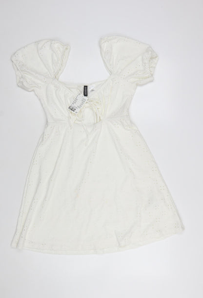 H&M Divided Women’s White Cotton A-Line Puff Sleeve Short Dress Size 8