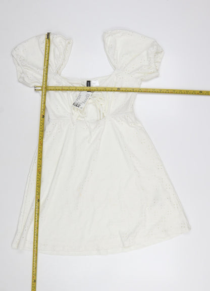 H&M Divided Women’s White Cotton A-Line Puff Sleeve Short Dress Size 8