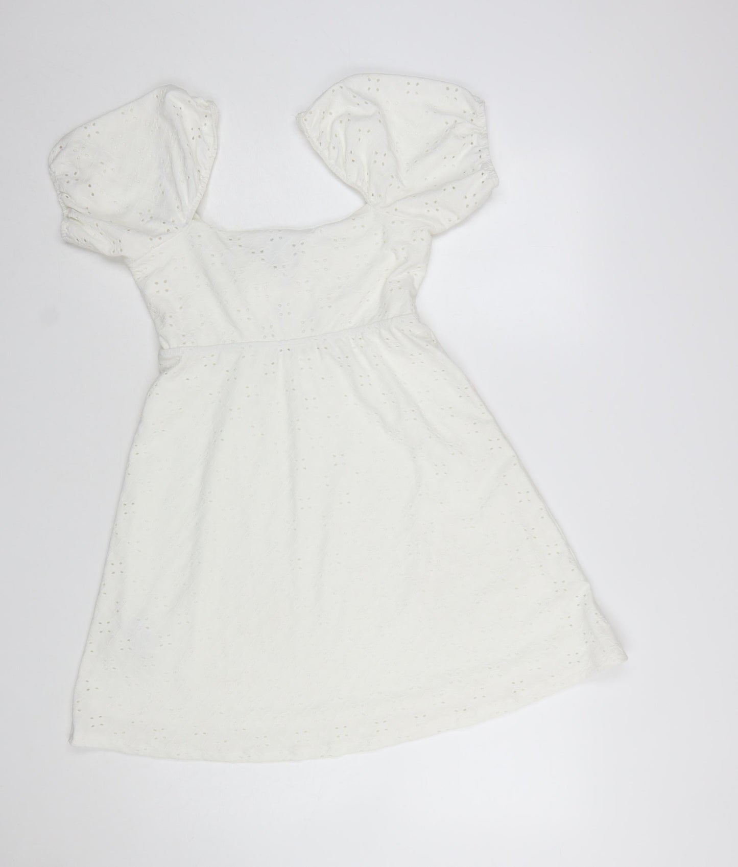 H&M Divided Women’s White Cotton A-Line Puff Sleeve Short Dress Size 8
