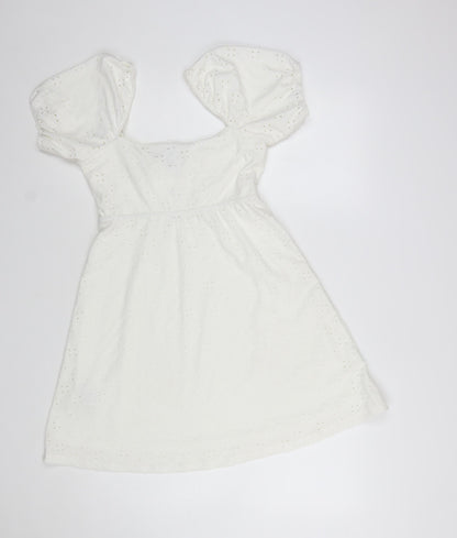H&M Divided Women’s White Cotton A-Line Puff Sleeve Short Dress Size 8