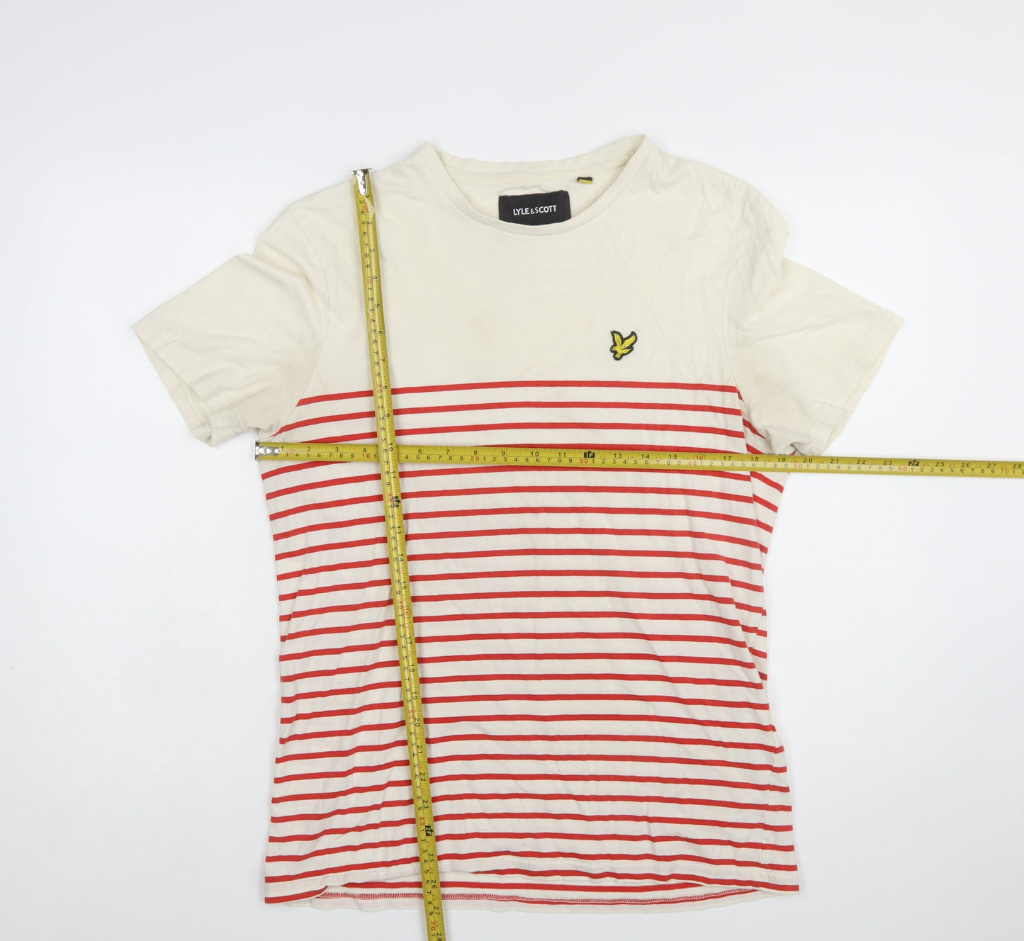 Lyle & Scott Men’s Beige Red Striped Cotton Crew Neck T-Shirt Size L