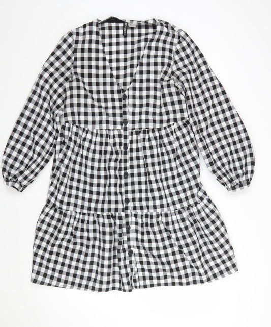 H&M Women’s Black Check Long Sleeve V-Neck Shirt Dress Size 10