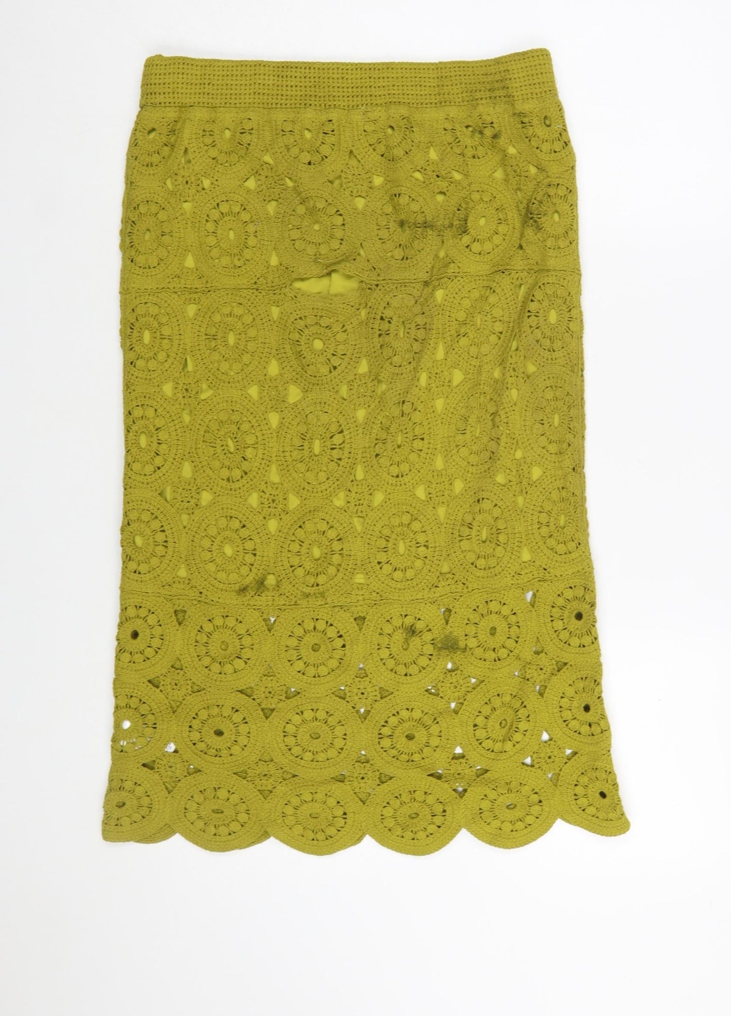 Next Women Green Crochet Cotton Midi Pencil Skirt Size M