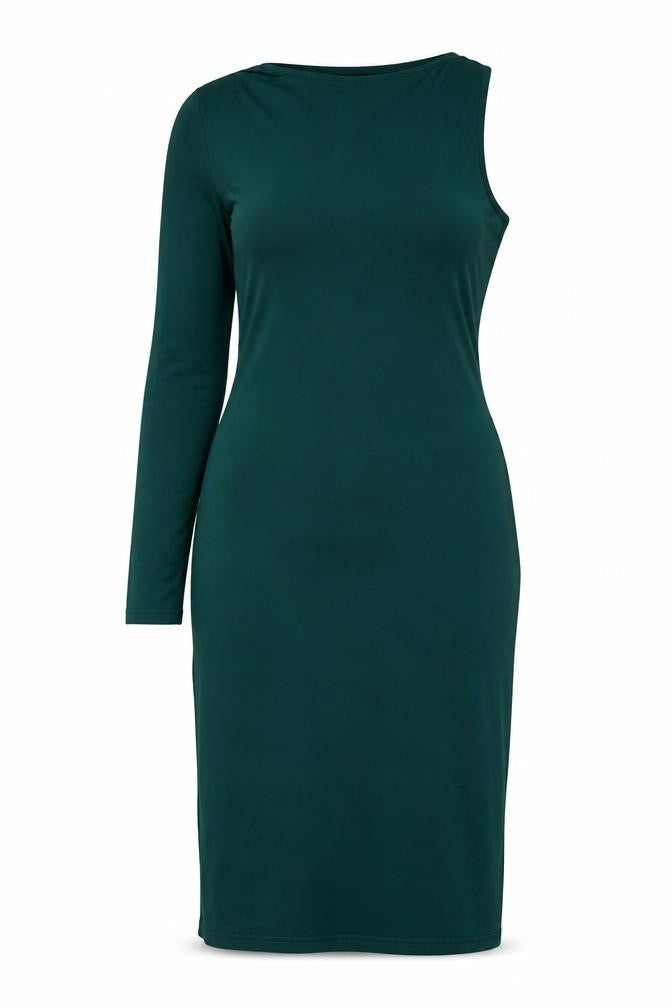 Front view of ASOS Women’s Green Bodycon Midi Dress, size UK 18, Long Sleeve Asymmetric