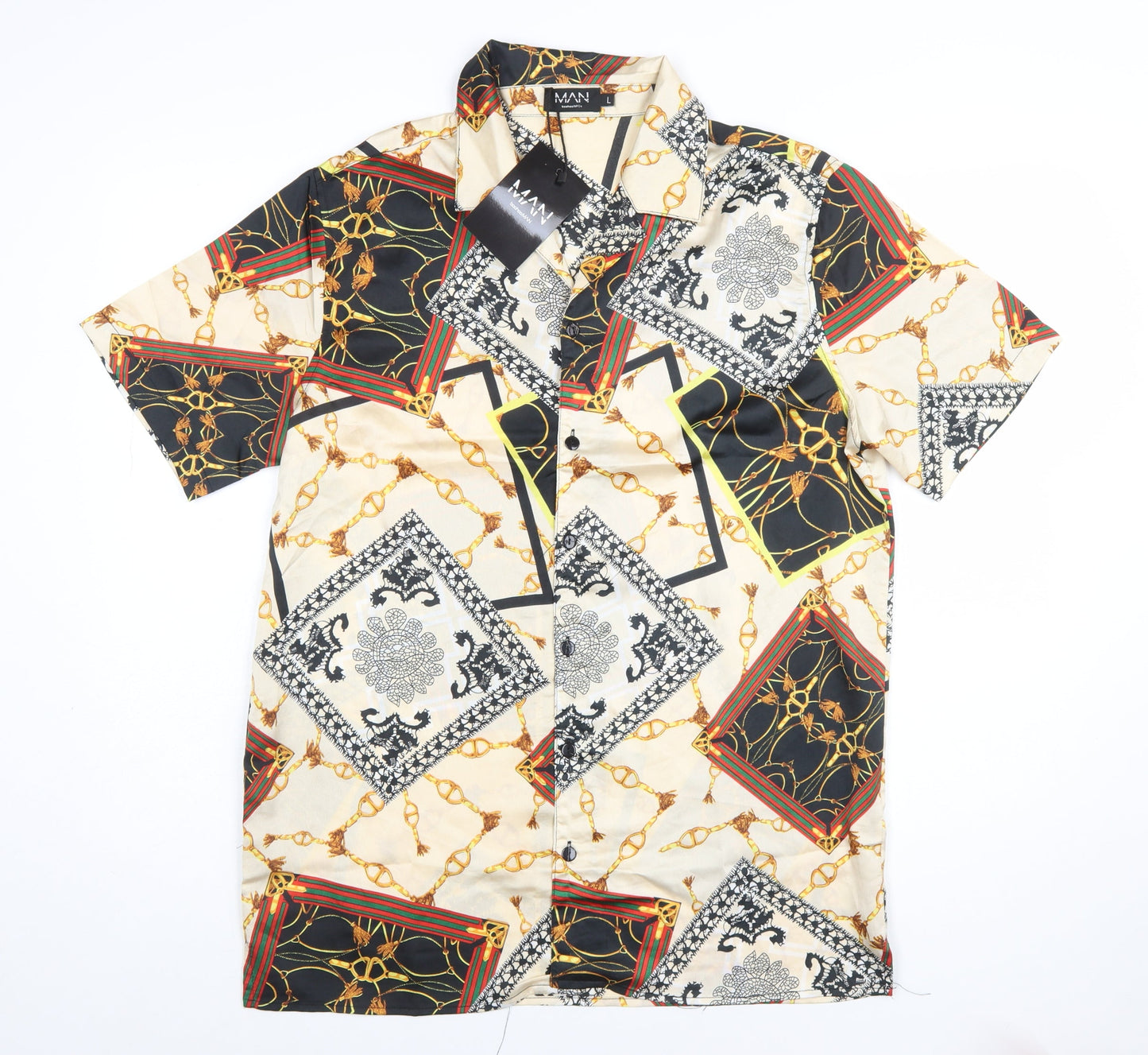 boohooMAN Men's Beige Baroque Print Short Sleeve Button-Up Shirt L