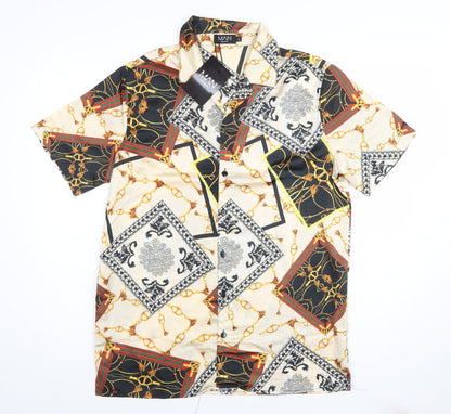boohooMAN Men's Beige Baroque Print Short Sleeve Button-Up Shirt L