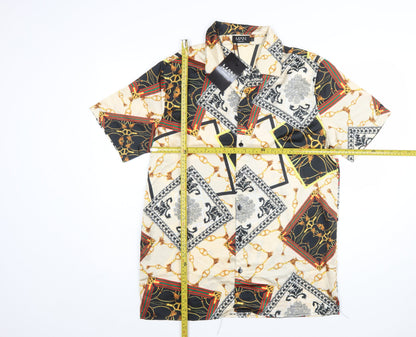 boohooMAN Men's Beige Baroque Print Short Sleeve Button-Up Shirt L