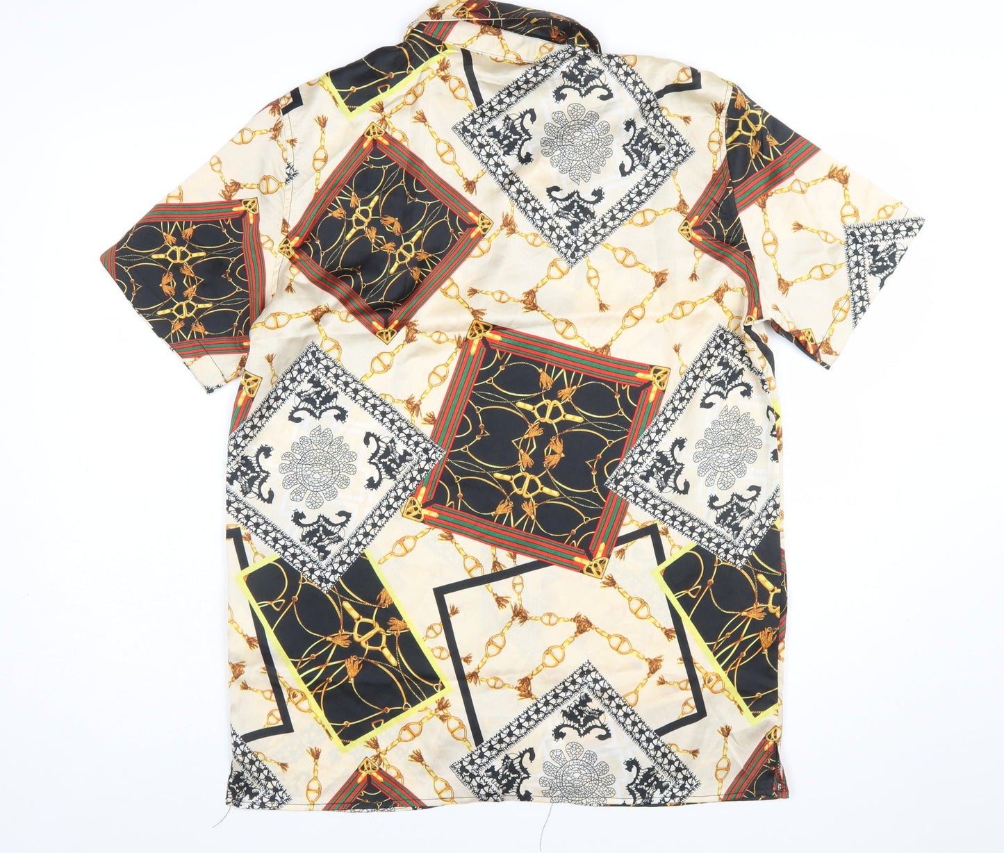 boohooMAN Men's Beige Baroque Print Short Sleeve Button-Up Shirt L