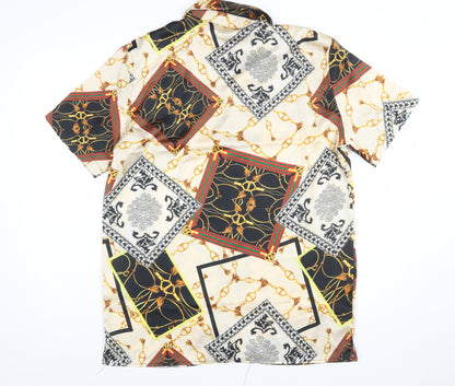boohooMAN Men's Beige Baroque Print Short Sleeve Button-Up Shirt L