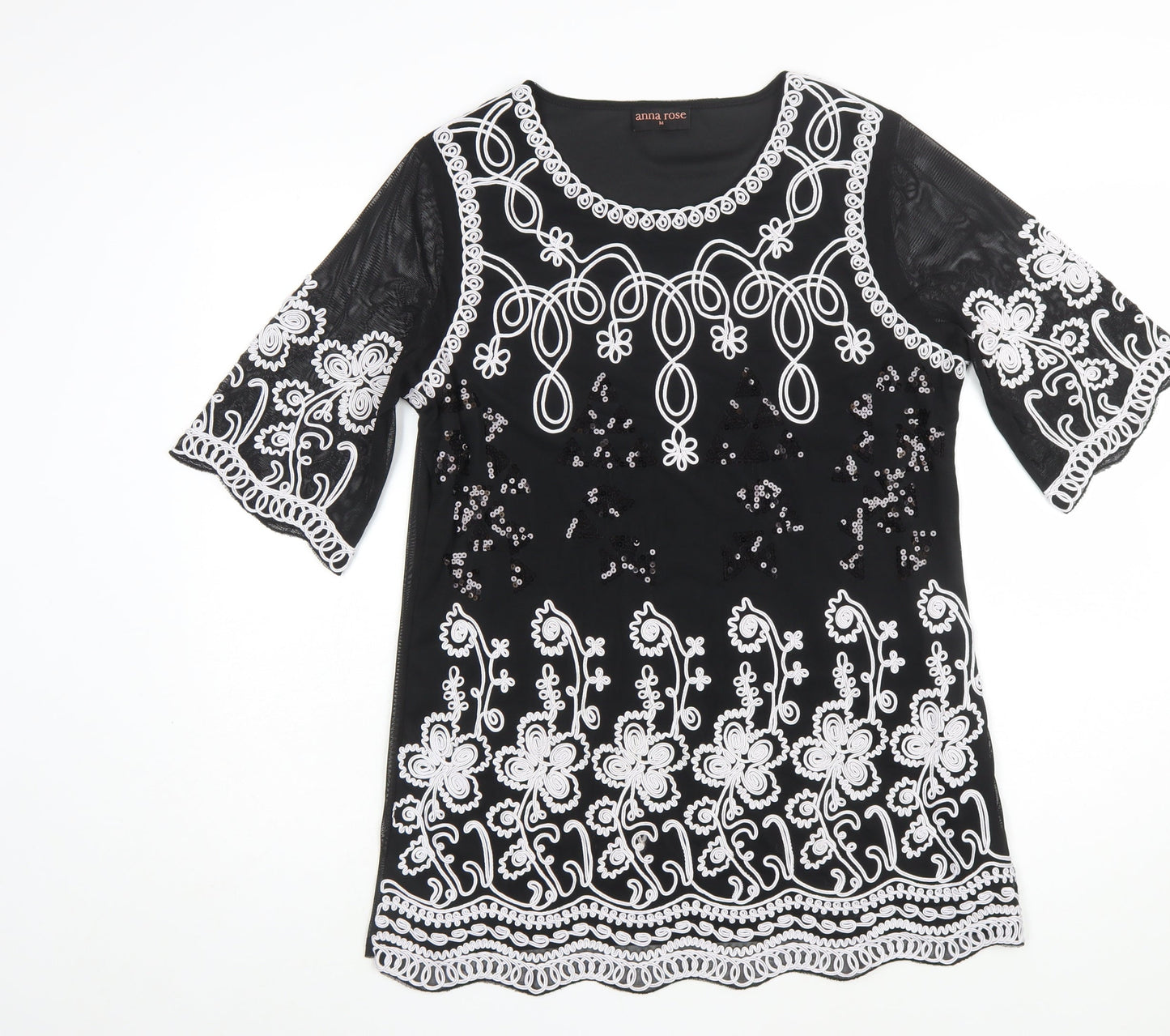 Anna Rose Women Black Floral Sequin Shift Dress M