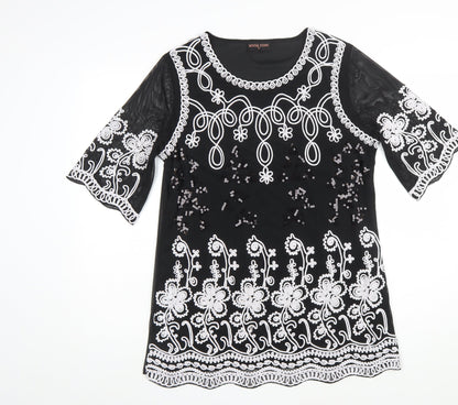 Anna Rose Women Black Floral Sequin Shift Dress M