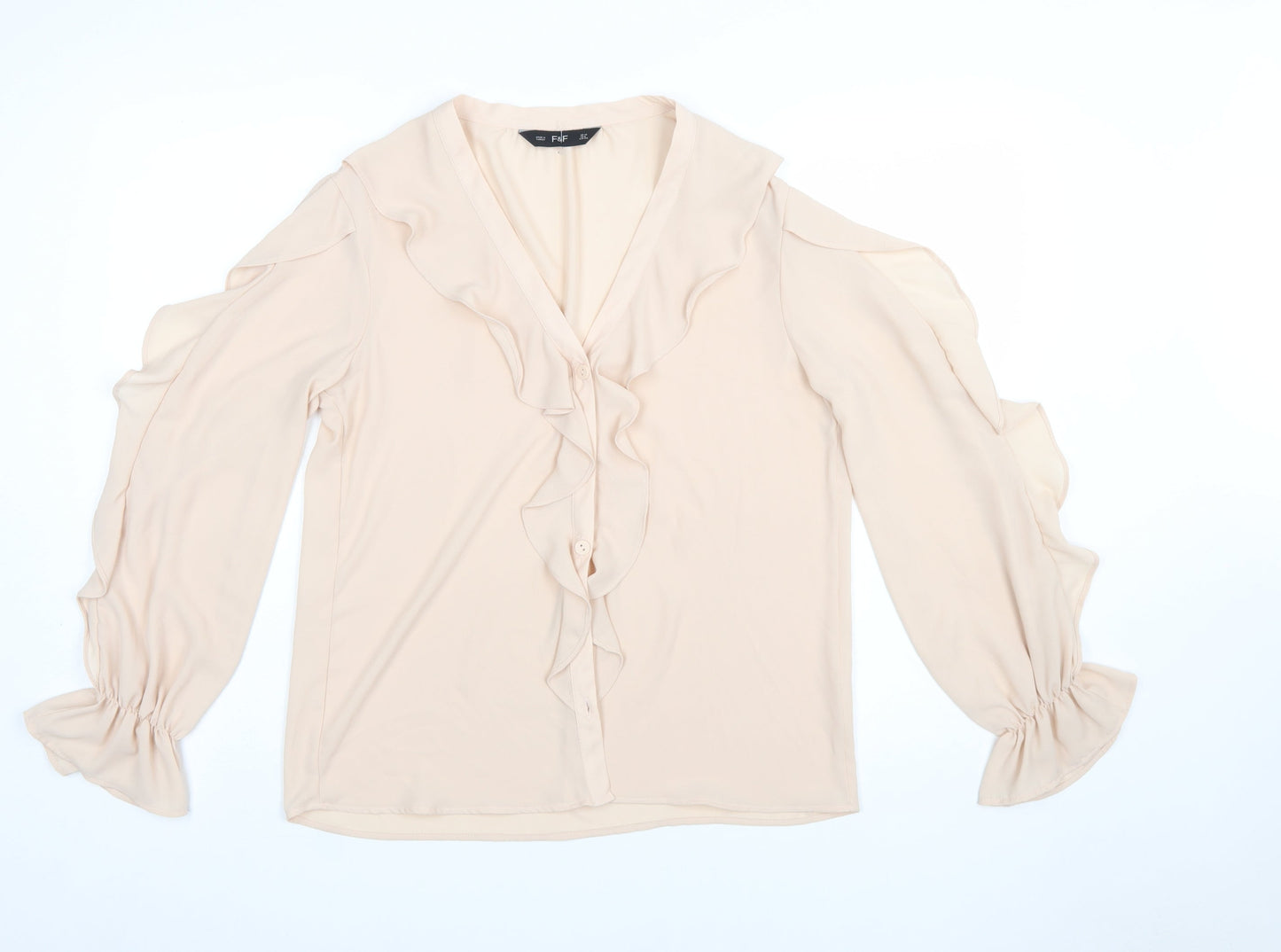 F&F Women Beige Ruffle V-Neck Chiffon Blouse UK 10