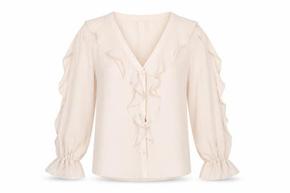 F&F Women Beige Ruffle V-Neck Chiffon Blouse UK 10
