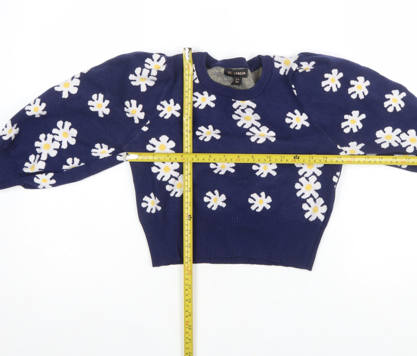 QED London Women's Blue Floral Puff Sleeve Knit Jumper M