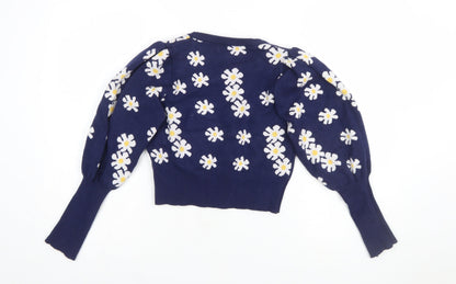 QED London Women's Blue Floral Puff Sleeve Knit Jumper M