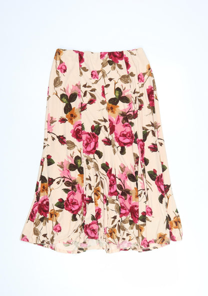 CC Women Beige Floral Flare Midi Skirt Size S Stretch Lined