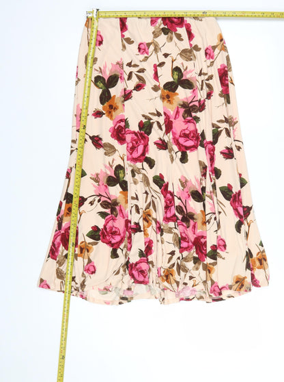 CC Women Beige Floral Flare Midi Skirt Size S Stretch Lined