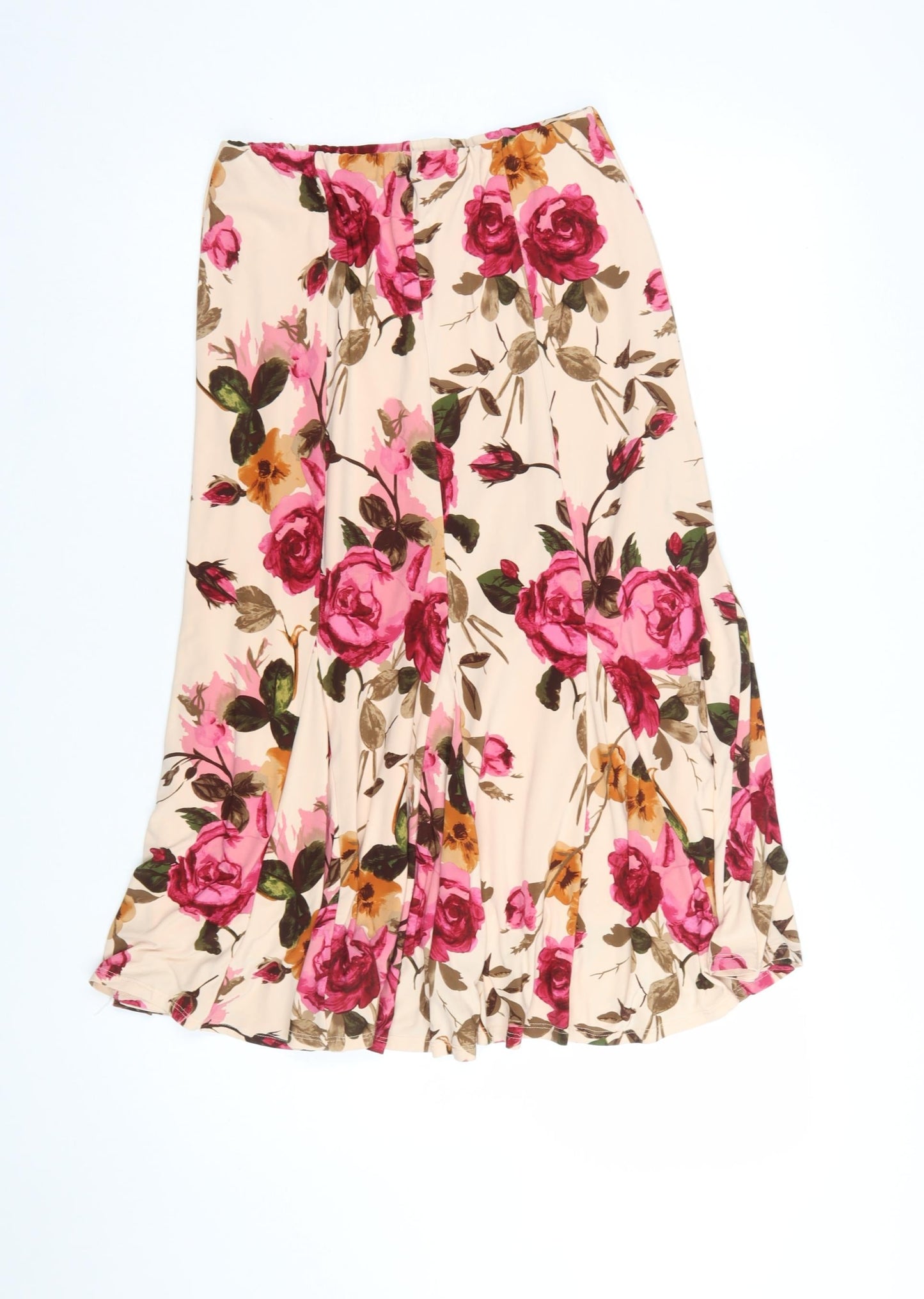 CC Women Beige Floral Flare Midi Skirt Size S Stretch Lined