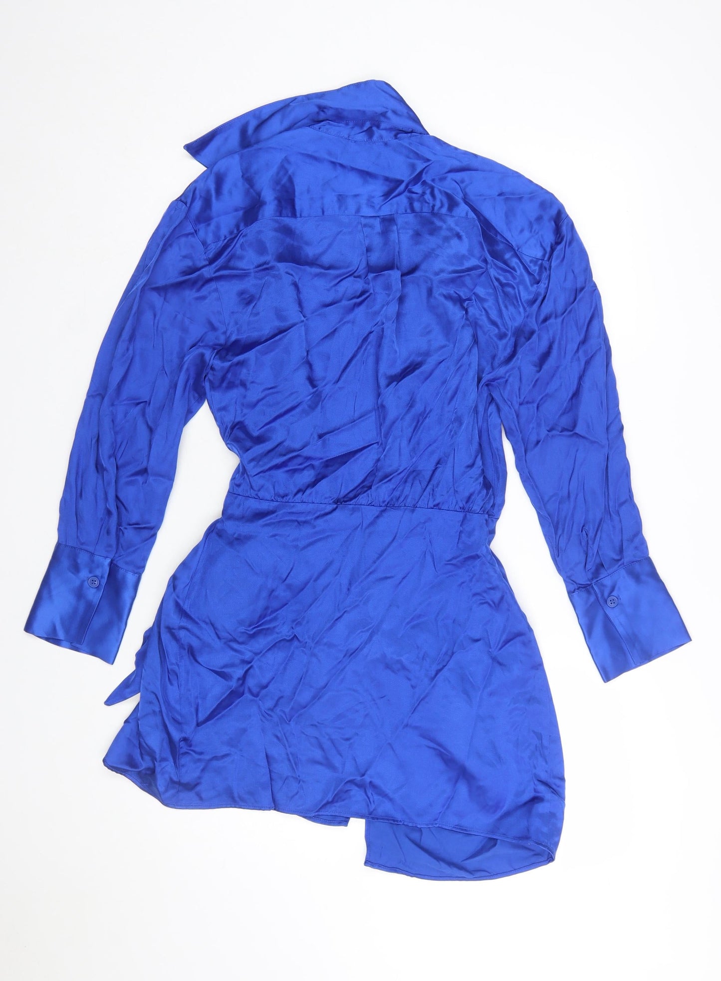 Zara Women’s Blue Satin Shirt Dress S Belted Long Sleeve