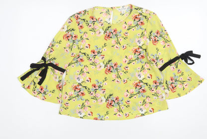 Miss Selfridge Women's Yellow Floral Bow Bell Sleeve Blouse Size 6