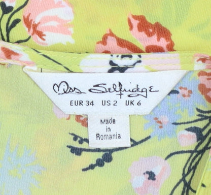 Miss Selfridge Women's Yellow Floral Bow Bell Sleeve Blouse Size 6