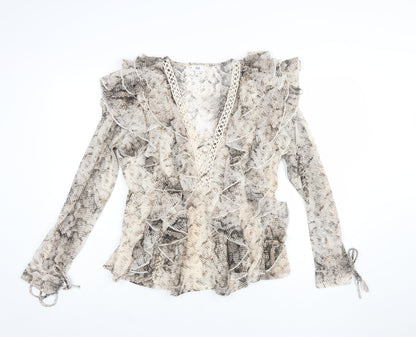 River Island Womens Beige Snake Print Ruffle Wrap Blouse Size 10