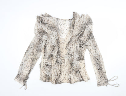 River Island Womens Beige Snake Print Ruffle Wrap Blouse Size 10