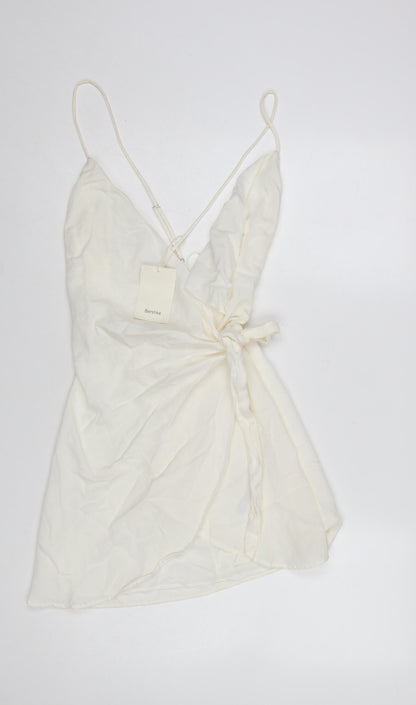 Bershka Women Ivory Short Wrap Dress Size S Sleeveless Viscose