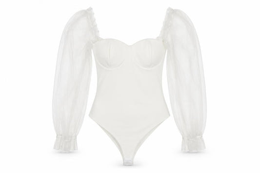 I Saw It First Women White Milkmaid Organza Sleeve Bodysuit Size S