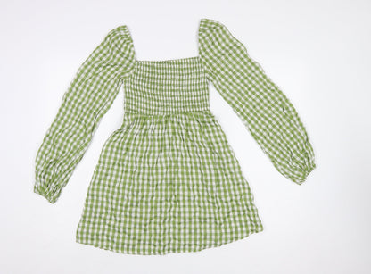 PrettyLittleThing Women’s Green Check Puff Sleeve Short A-Line Dress UK 6