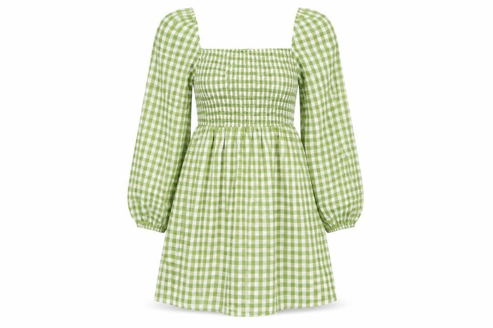 PRETTYLITTLETHING Women’s Green Check Puff Sleeve Short A-Line Dress UK 6