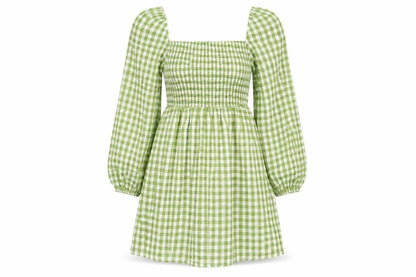 PRETTYLITTLETHING Women’s Green Check Puff Sleeve Short A-Line Dress UK 6