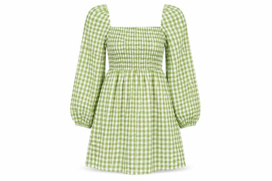 PRETTYLITTLETHING Women’s Green Check Puff Sleeve Short A-Line Dress UK 6