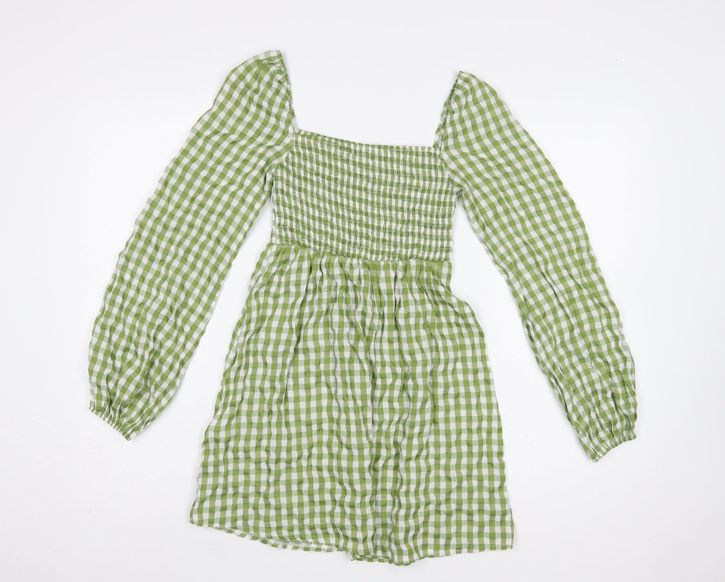 PrettyLittleThing Women’s Green Check Puff Sleeve Short A-Line Dress UK 6
