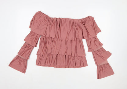 ASOS Womens Pink Off Shoulder Ruffle Blouse UK 12 Long Sleeve