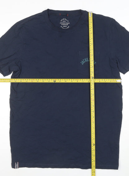 Jack & Jones Men's Blue Cotton Crew Neck Regular Fit T-Shirt Size L