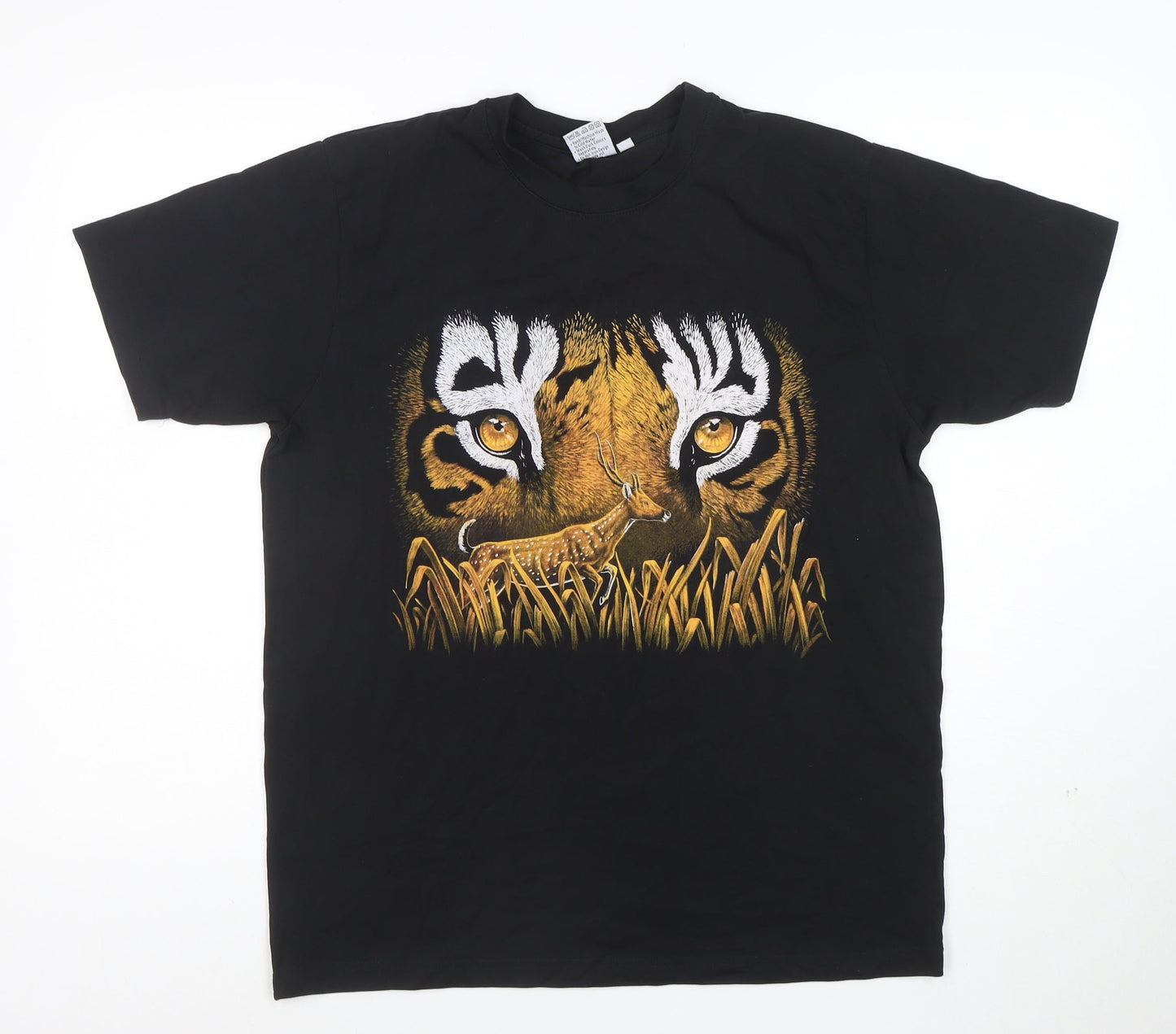 Wild Collection Men’s Black Tiger Eyes Graphic Animal Print T-Shirt L
