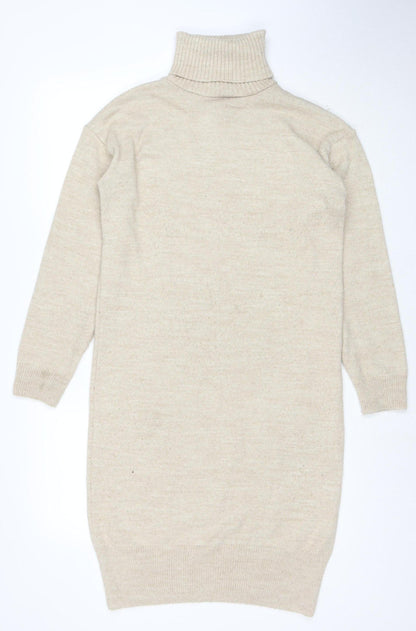 Dorothy Perkins Women Beige Wool Blend Roll Neck Jumper Dress Size 10