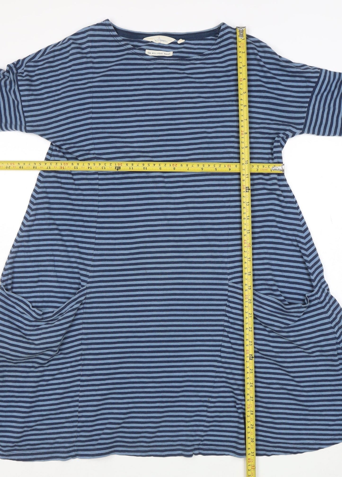 Salt Cornwall Women Blue Striped Trapeze Dress Size 10 Long Sleeve