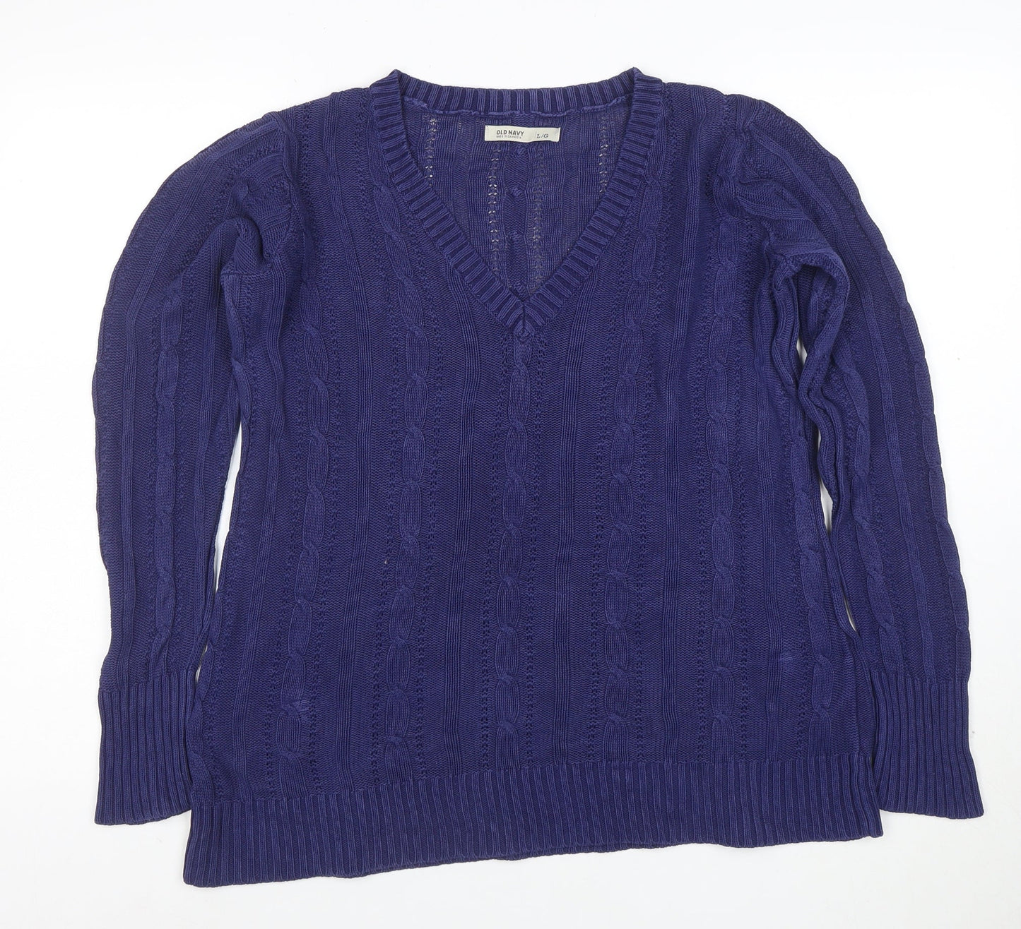 Old Navy Women's Blue Cable-Knit Cotton V-Neck Jumper Size L