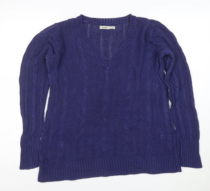 Old Navy Women's Blue Cable-Knit Cotton V-Neck Jumper Size L