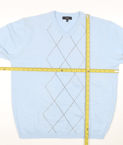 Thomas Nash Men's Blue Argyle V-Neck Acrylic Jumper M