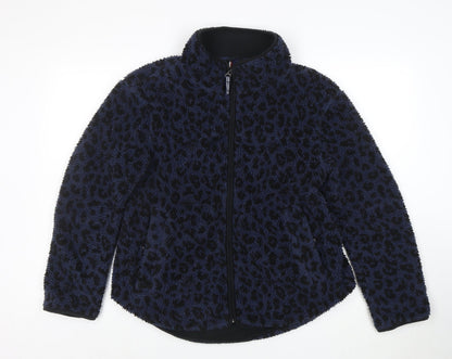 Joules Women’s Blue Leopard Fleece Jacket Size 10 Warm Zip Mid-Length