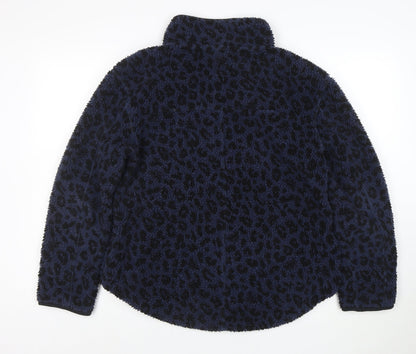 Joules Women’s Blue Leopard Fleece Jacket Size 10 Warm Zip Mid-Length