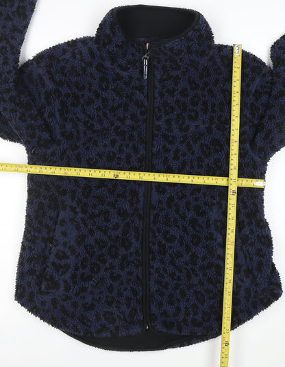 Joules Women’s Blue Leopard Fleece Jacket Size 10 Warm Zip Mid-Length