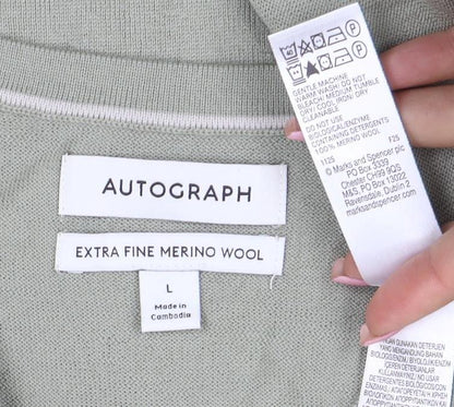 Marks and Spencer Men's Green Merino Wool V-Neck Jumper L