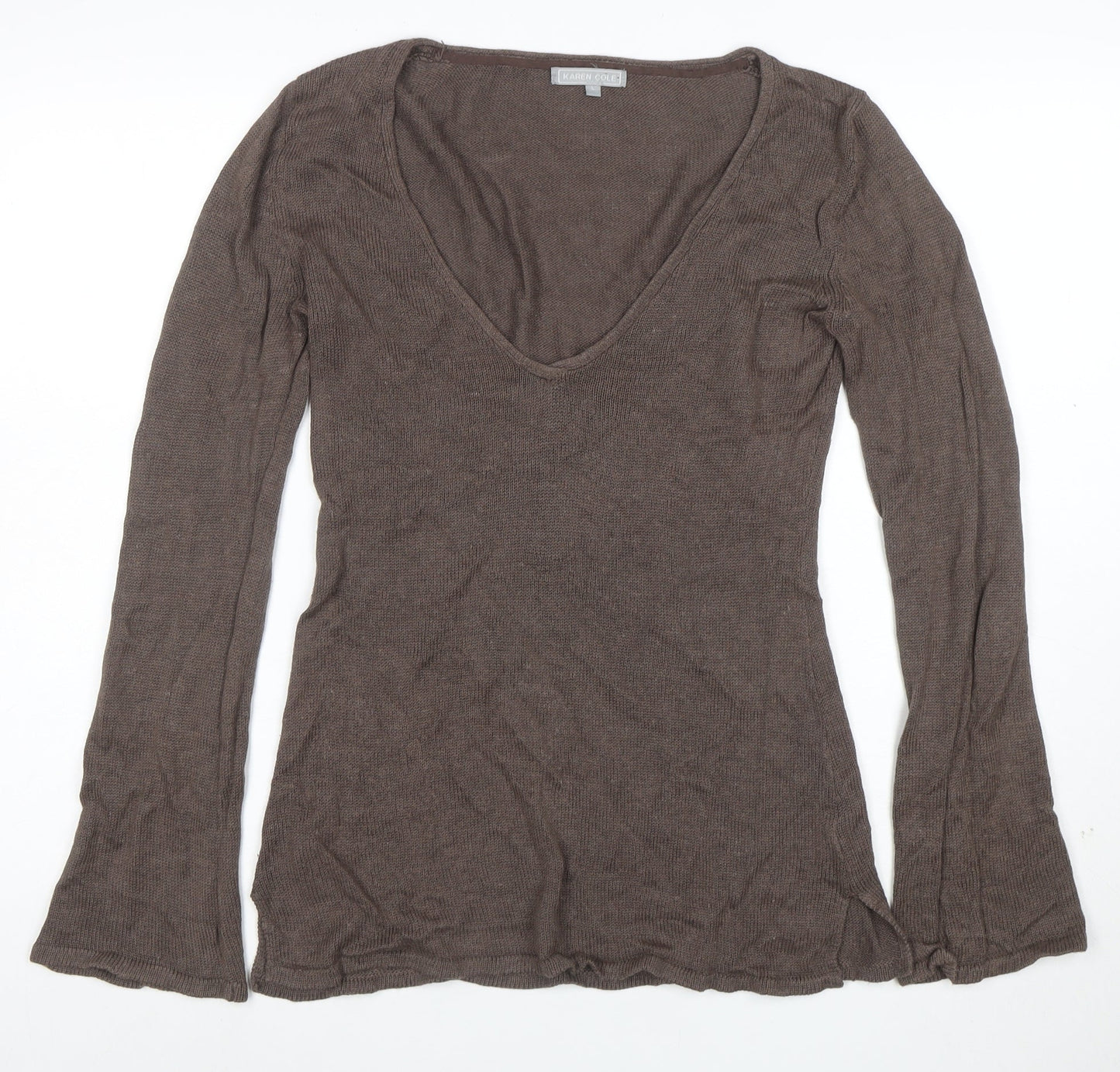 Karen Cole Women Brown V-Neck Long Sleeve Linen Cotton Jumper L