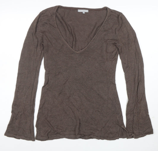 Karen Cole Women Brown V-Neck Long Sleeve Linen Cotton Jumper L