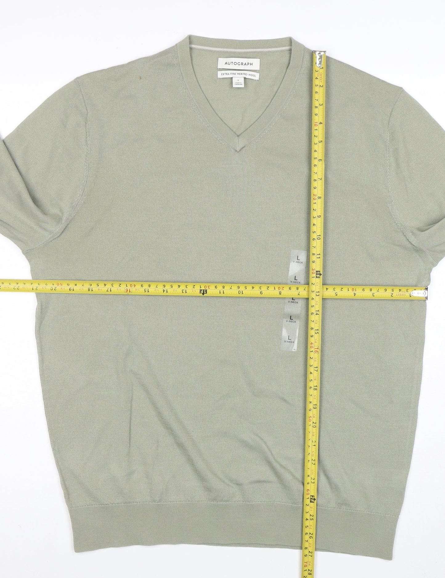 Marks and Spencer Men’s Green Merino Wool V-Neck Jumper L