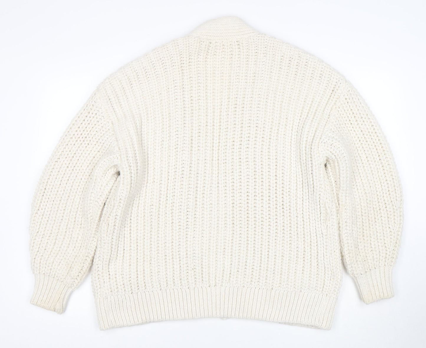 H&M Women Ivory Chunky Knit Cardigan M Relaxed Fit Wool Blend